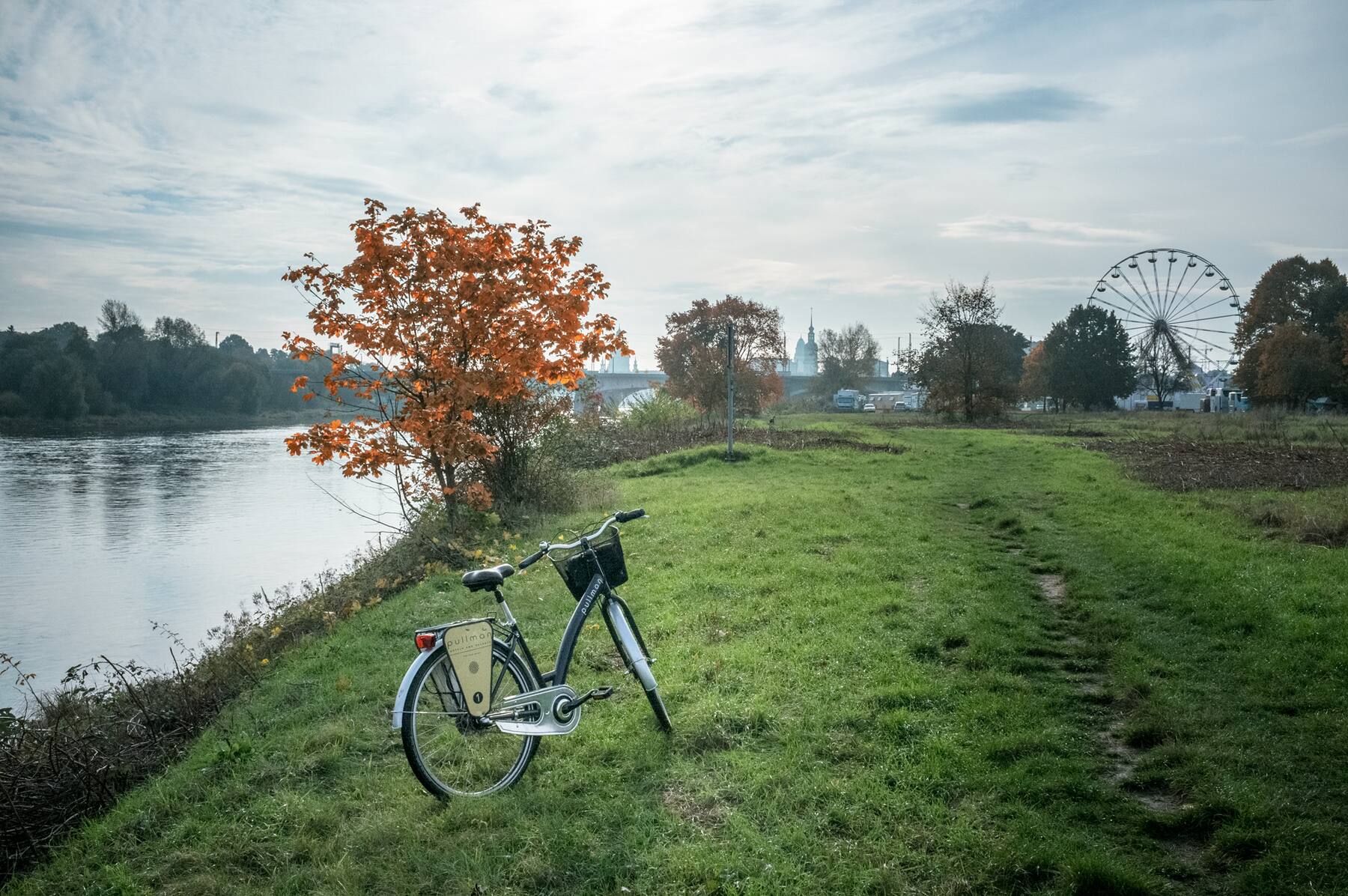 Bicycle parked on the grass bank of the Elbe, ferris wheel beyond