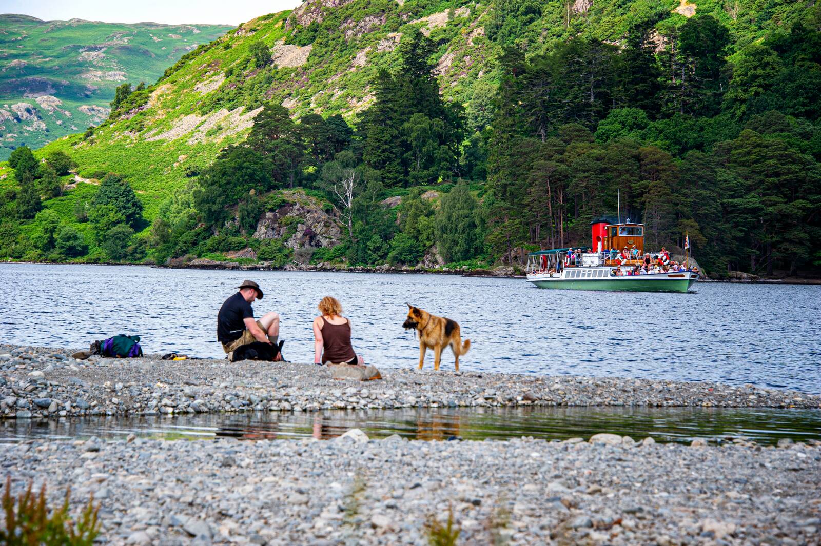 Family and dog watching the steamer from the shore