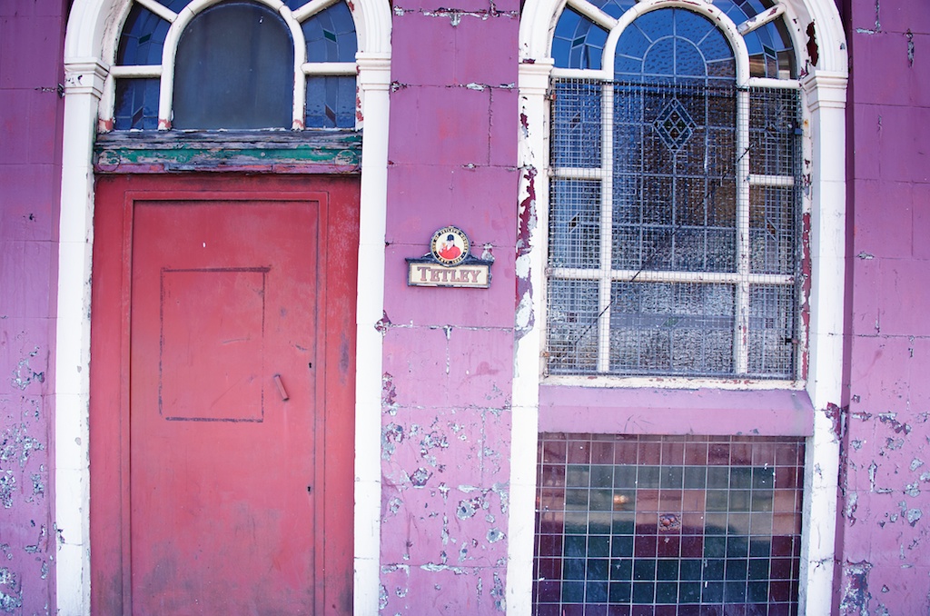 stained glass, pink door